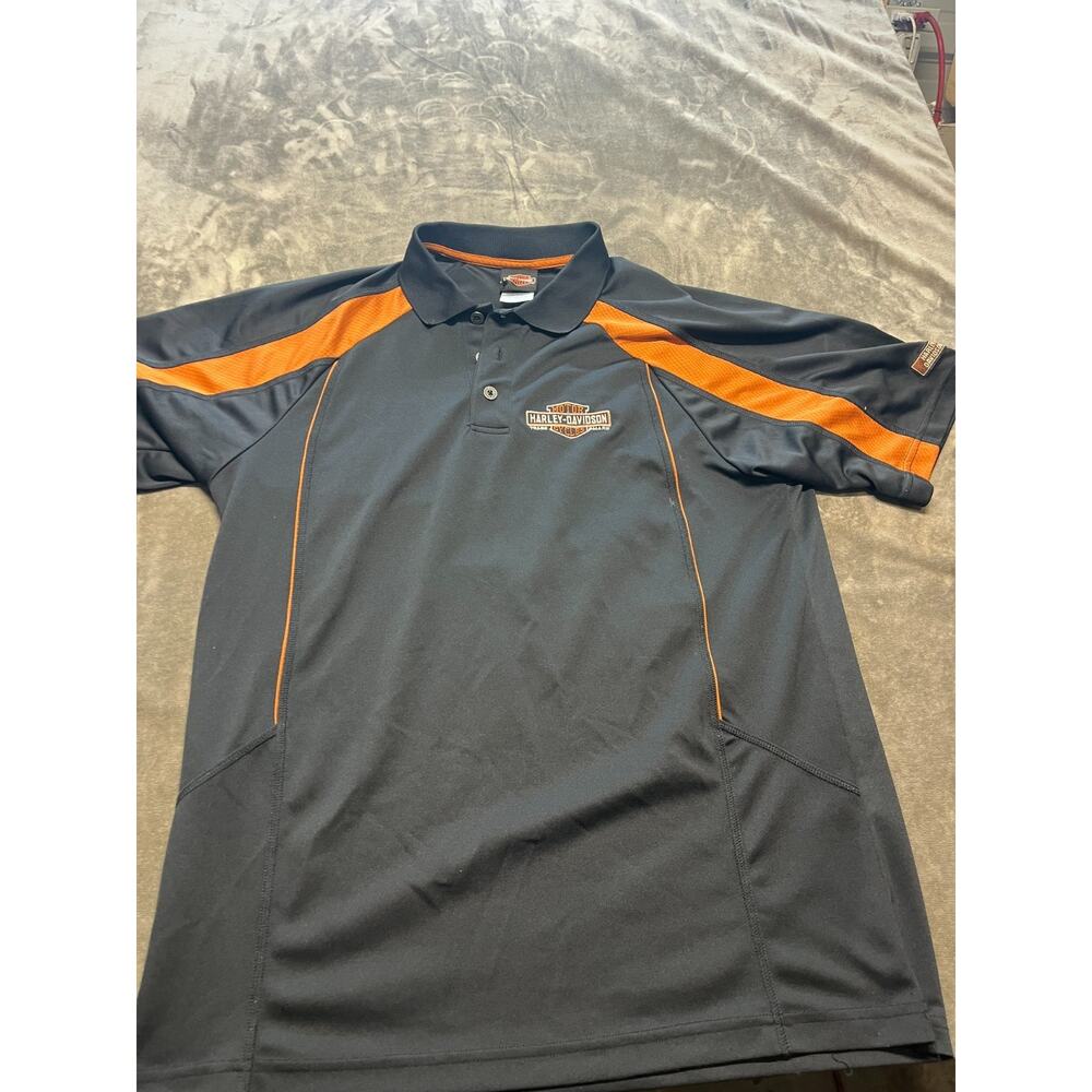 Harley Davidson Polo Shirt Mens L‎ Gray Orange Logo Back Terre Haute Motorcycle